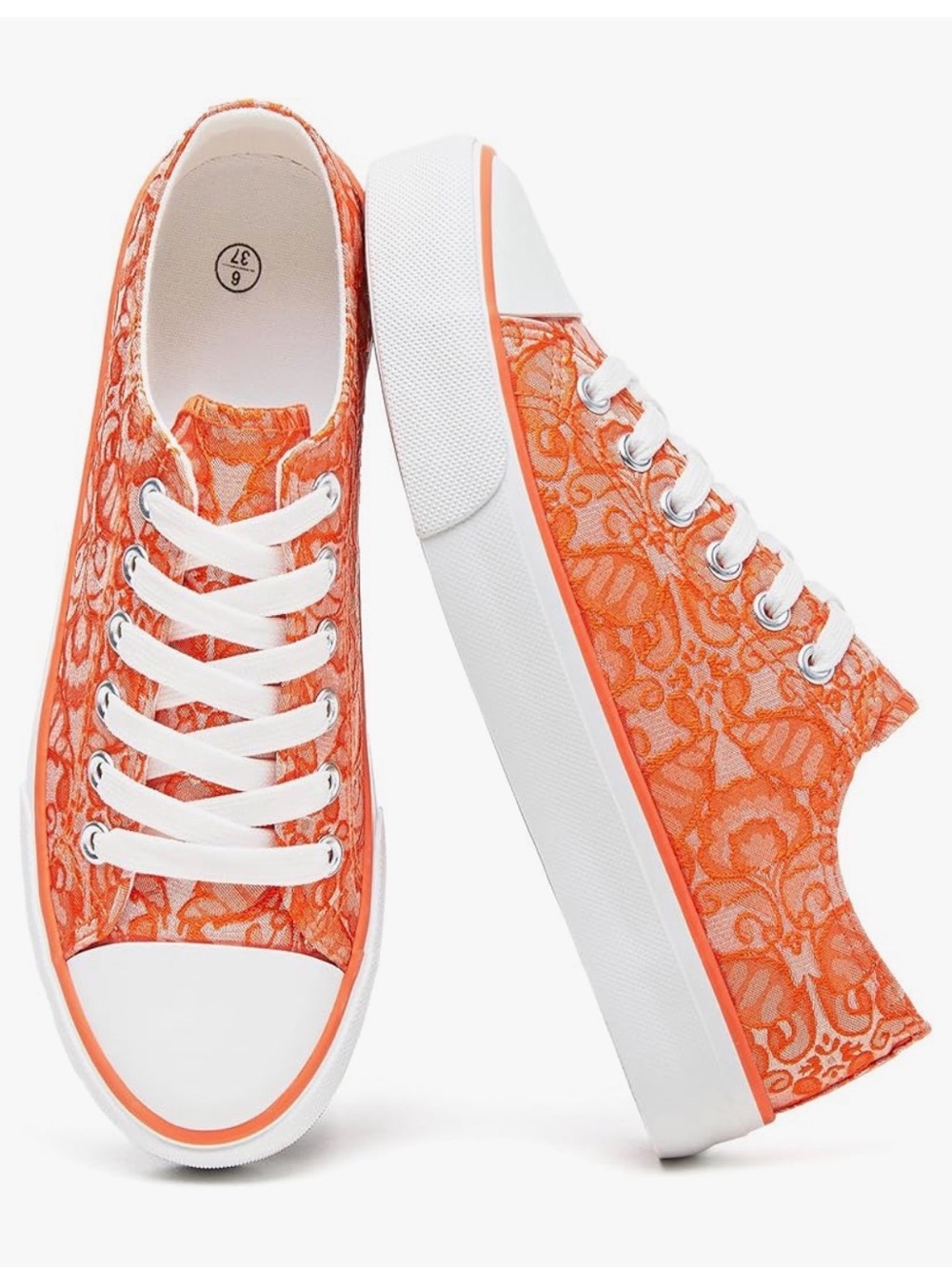 Women's Orange & White Embroidered Lace-Overlay Low-Top Sneakers